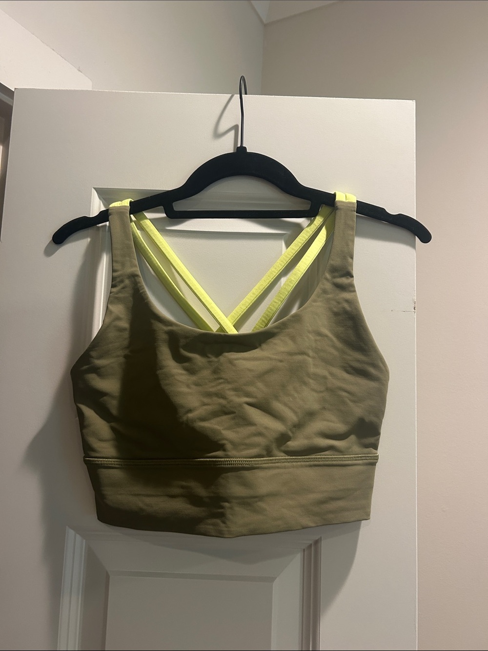 lululemon athletica Olive Green Sports Bra with Neon Yellow Straps